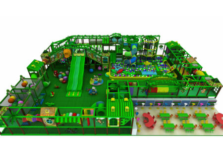 Forest-themed indoor children's playground facilities featuring diverse play activities.