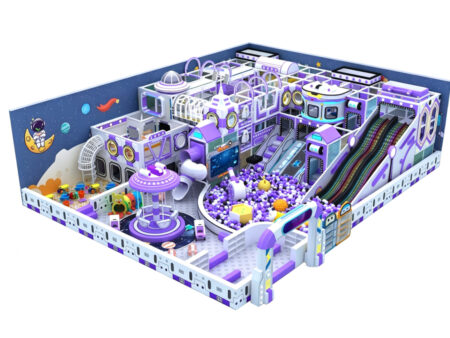 Large-scale space-themed indoor soft play area for children in a shopping mall