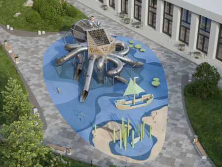 Spider-themed outdoor playground equipment for residential communities