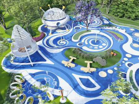 Space UFO-themed outdoor playground and amusement rides for children