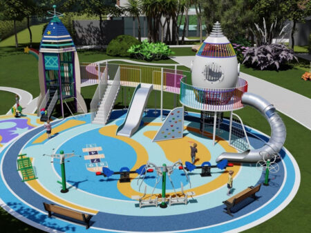Rocket-themed outdoor playground equipment and complete installation