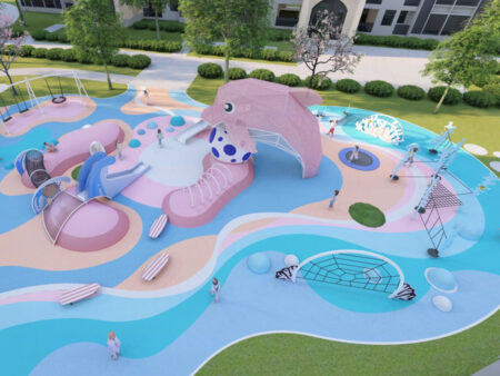 Dolphin-themed outdoor residential playground equipment for children
